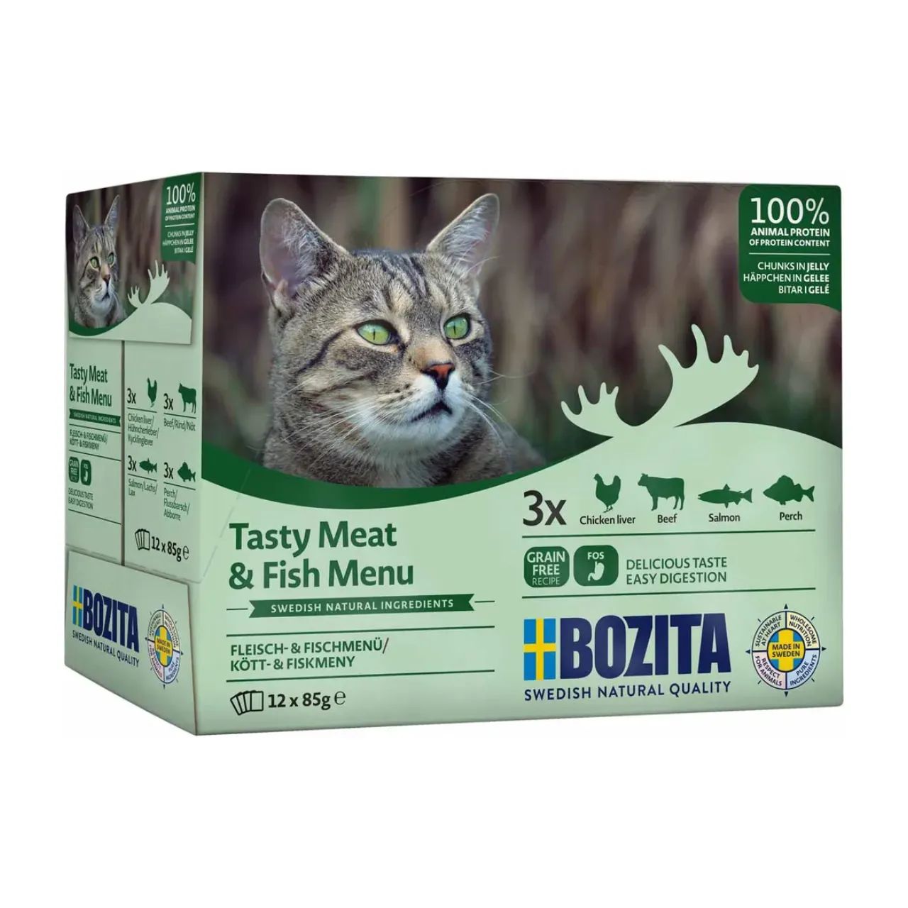 Bozita Feline Kød & Fisk i gele 12 x 85 g - kyllingelever, oksekød, laks og aborre